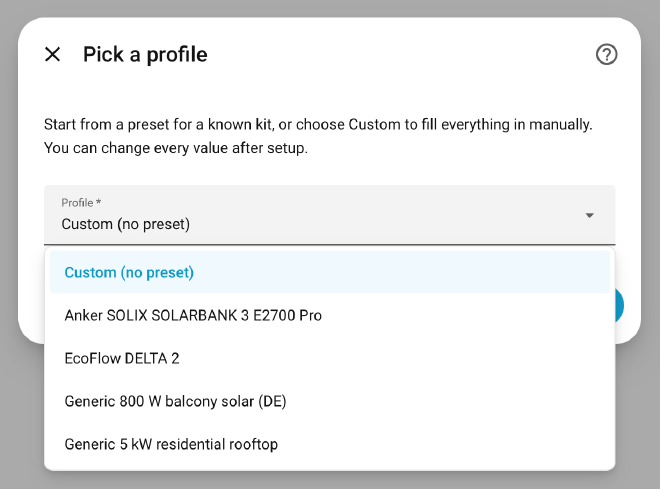 The profile dropdown in the integration setup wizard